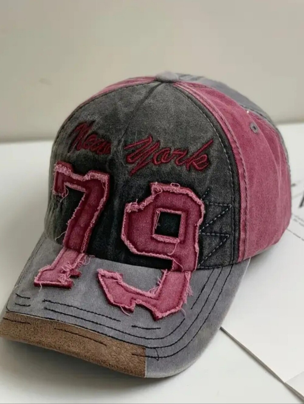 Distressed 79 Baseball Cap - Gray and Pink